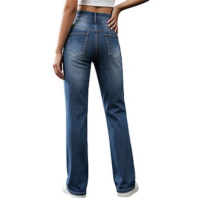 Women's Double Button High Waist Stretch Straight Leg Washed Denim Jeans Summer Fall Pants Pockets