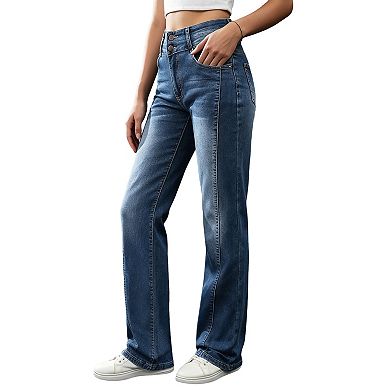 Women's Double Button High Waist Stretch Straight Leg Washed Denim Jeans Summer Fall Pants Pockets
