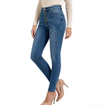 Women's Summer Fall High Waist Multi Button Stretch Skinny Denim Jeans Casual Slim Fit Pants Pockets