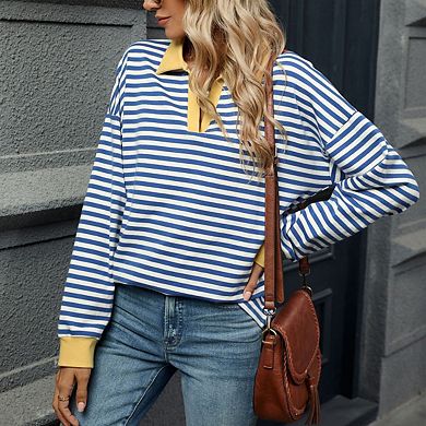 Women's Color Block Collared Striped Pullover Long Sleeve Oversized Casual Polo Top