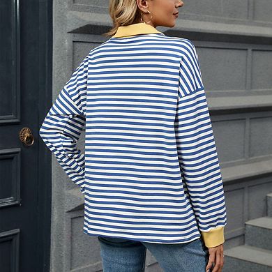 Women's Color Block Collared Striped Pullover Long Sleeve Oversized Casual Polo Top