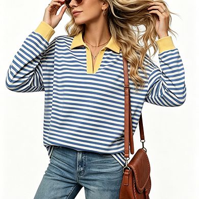 Women's Color Block Collared Striped Pullover Long Sleeve Oversized Casual Polo Top