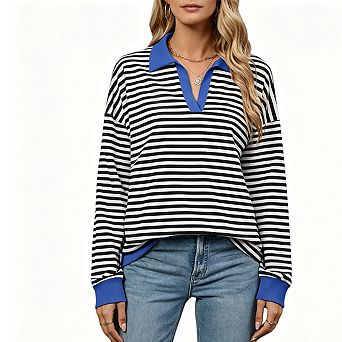 Women's Color Block Collared Striped Pullover Long Sleeve Oversized Casual Polo Top