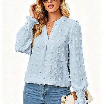 Women's Swiss Dot V-Neck Blouse Long Sleeve Smocked Cuff Relaxed Fit Casual Shirt