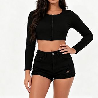 Women's High Waist Distressed Denim Shorts, Frayed Raw Hem Rivet Detail Stretch Hot Short Jeans