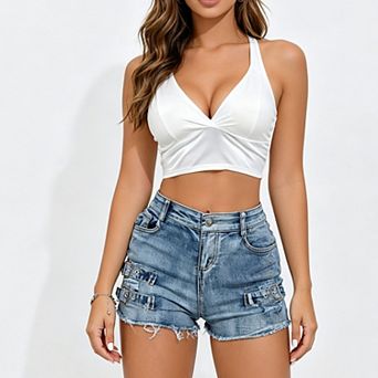 Women's High Waist Distressed Denim Shorts, Metal Buckle Straps Frayed Raw Hem Stretch Hot Pants