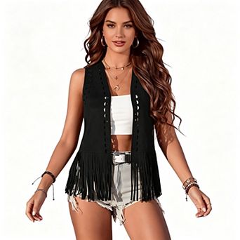 Kojooin Sleeveless Fringe Vest with V Neck Hollow Out Design