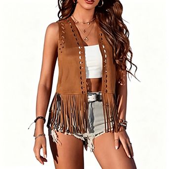 Kojooin Sleeveless Fringe Vest with V Neck Hollow Out Design
