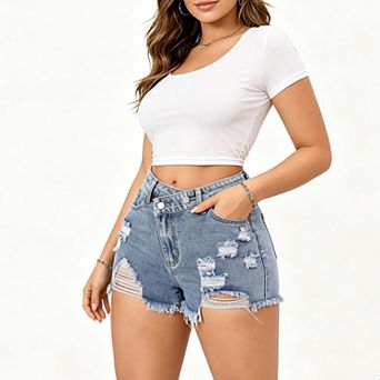Women's High Waist Distressed Denim Shorts, Double Button Raw Hem Stretch Hot Pants