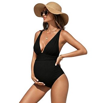 Women Maternity One Piece Swimsuit Ribbed Deep V Neck Ruched Beach Vacation Swimsuit