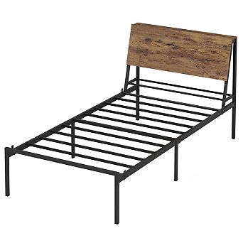 Bed Frame with Storage Headboard, Metal Platform Bed Frame with Wood Headboard