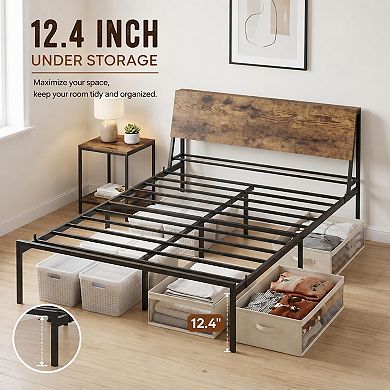 Bed Frame with Storage Headboard, Metal Platform Bed Frame with Wood Headboard