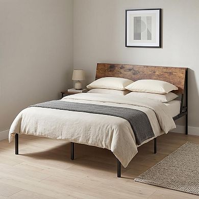 Bed Frame with Storage Headboard, Metal Platform Bed Frame with Wood Headboard