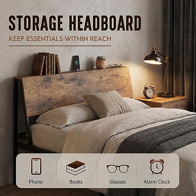 Bed Frame with Storage Headboard, Metal Platform Bed Frame with Wood Headboard