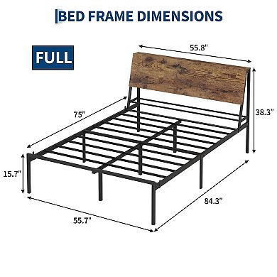 Bed Frame with Storage Headboard, Metal Platform Bed Frame with Wood Headboard