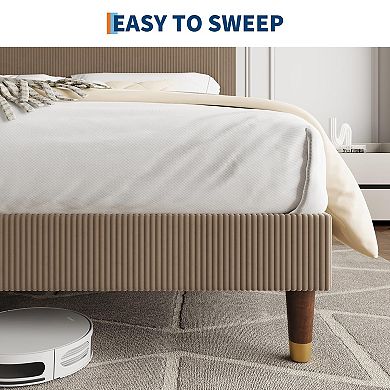Modern Minimalist Bed Frame, Upholstered Platform Bed with Vertical Pleated Headboard
