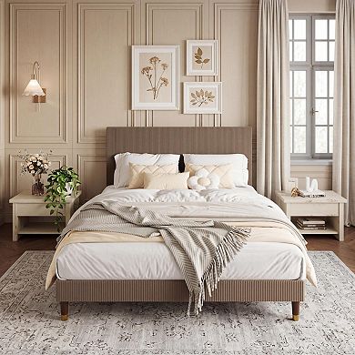 Modern Minimalist Bed Frame, Upholstered Platform Bed with Vertical Pleated Headboard