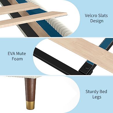 Modern Minimalist Bed Frame, Upholstered Platform Bed with Vertical Pleated Headboard