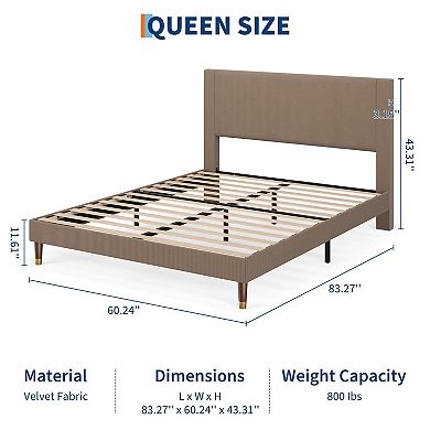 Modern Minimalist Bed Frame, Upholstered Platform Bed with Vertical Pleated Headboard