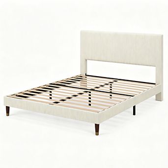 Modern Minimalist Bed Frame, Upholstered Platform Bed with Vertical Pleated Headboard