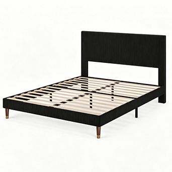 Modern Minimalist Bed Frame, Upholstered Platform Bed with Vertical Pleated Headboard