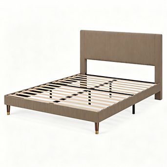 Modern Minimalist Bed Frame, Upholstered Platform Bed with Vertical Pleated Headboard