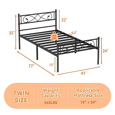 Metal Platform Bed Frame w/Fist Design Headboard & Footboard, Steel Slats, No Box Spring Needed