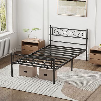 Metal Platform Bed Frame w/Fist Design Headboard & Footboard, Steel Slats, No Box Spring Needed