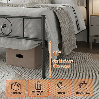 Metal Platform Bed Frame w/Fist Design Headboard & Footboard, Steel Slats, No Box Spring Needed