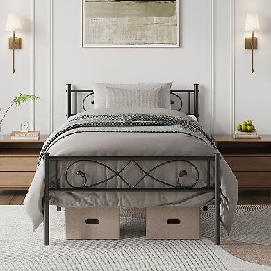 Metal Platform Bed Frame w/Fist Design Headboard & Footboard, Steel Slats, No Box Spring Needed