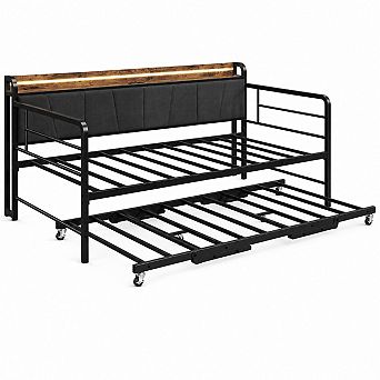 Twin Linen Daybed with Trundle, LED Light & Charging Station