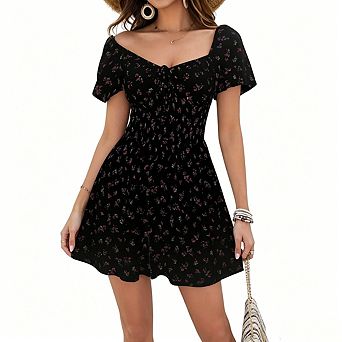 Women's French Square Neck Dress Summer Slimming Off Shoulder Short Dress High-End Style Dress