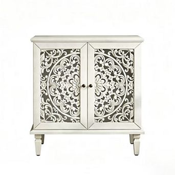 Vintage Hollow-Carved Accent Cabinet 2-Door Sideboard with Adjustable Shelf, Grey White