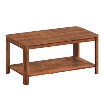 Arc Corner 2 tier Coffee Table with Storage Shelf, Vertical Wave Grain Walnut Finish