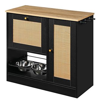 Pet Feeding Station with 2 Pull-Out Lockers, Elevated Dual Stainless Steel Dog Bowls, Side Hooks