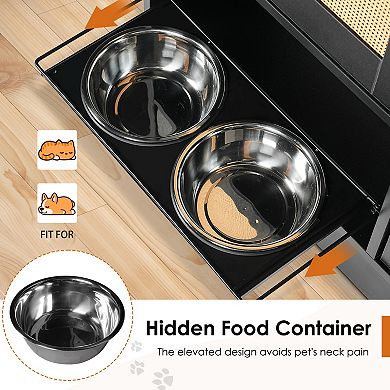 Pet Feeding Station with 2 Pull-Out Lockers, Elevated Dual Stainless Steel Dog Bowls, Side Hooks