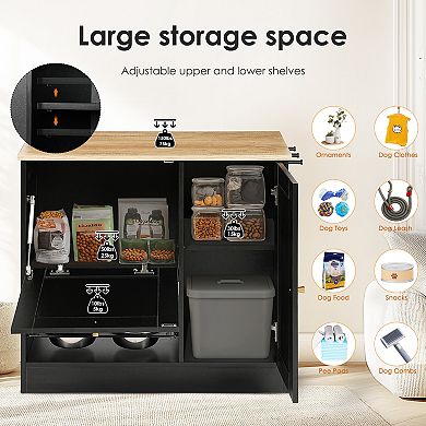 Pet Feeding Station with 2 Pull-Out Lockers, Elevated Dual Stainless Steel Dog Bowls, Side Hooks