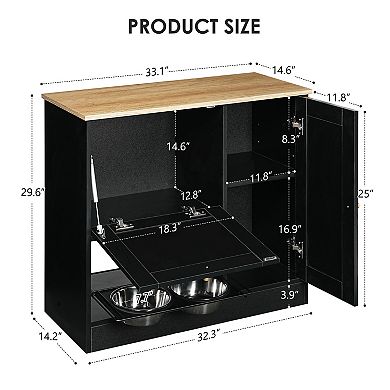 Pet Feeding Station with 2 Pull-Out Lockers, Elevated Dual Stainless Steel Dog Bowls, Side Hooks