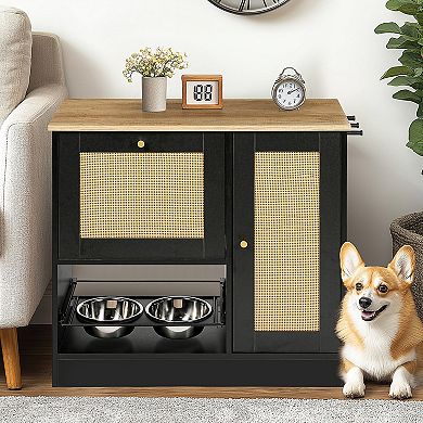 Pet Feeding Station with 2 Pull-Out Lockers, Elevated Dual Stainless Steel Dog Bowls, Side Hooks