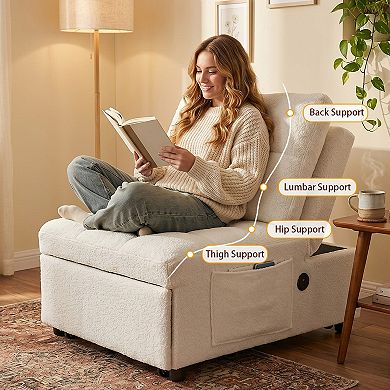 Single Armless Sofa Bed, Soft Teddy Fabric, Skin-Friendly, Built-in USB Charging Port, White