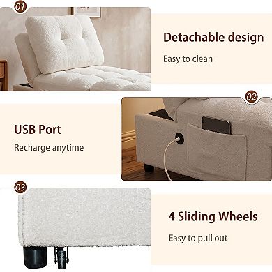 Single Armless Sofa Bed, Soft Teddy Fabric, Skin-Friendly, Built-in USB Charging Port, White