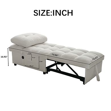Single Armless Sofa Bed, Soft Teddy Fabric, Skin-Friendly, Built-in USB Charging Port, White