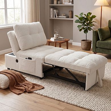 Single Armless Sofa Bed, Soft Teddy Fabric, Skin-Friendly, Built-in USB Charging Port, White