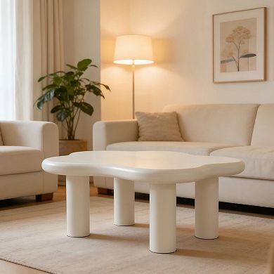 Cloud-Shaped Coffee Table, 40 Inch White Irregular MDF Tabletop with 4 Round Legs