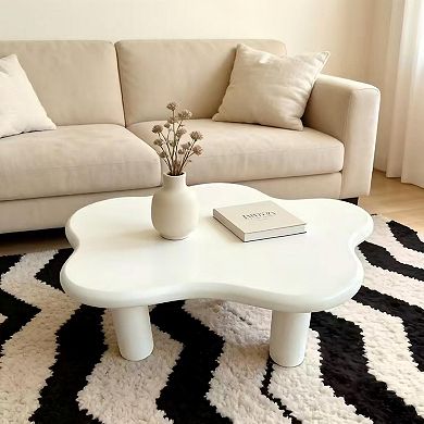 Cloud-Shaped Coffee Table, 40 Inch White Irregular MDF Tabletop with 4 Round Legs