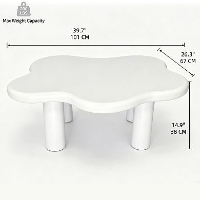Cloud-Shaped Coffee Table, 40 Inch White Irregular MDF Tabletop with 4 Round Legs
