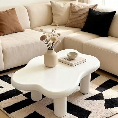 Cloud-Shaped Coffee Table, 40 Inch White Irregular MDF Tabletop with 4 Round Legs