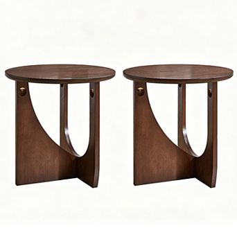 20 Inch Round Side Table with U-Shaped Base, Walnut, Set of 2