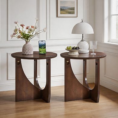 20 Inch Round Side Table with U-Shaped Base, Walnut, Set of 2