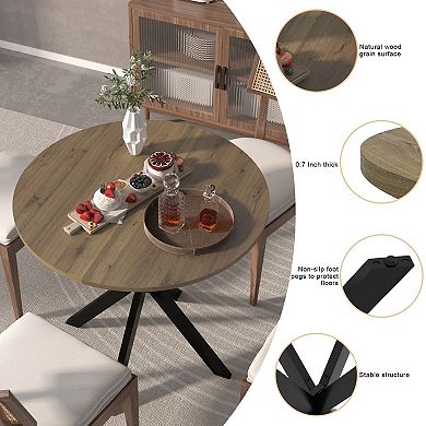 31.5 Inch Round Dining Table for 2-4 People, Rustic Brown MDF Top with Black Metal Legs